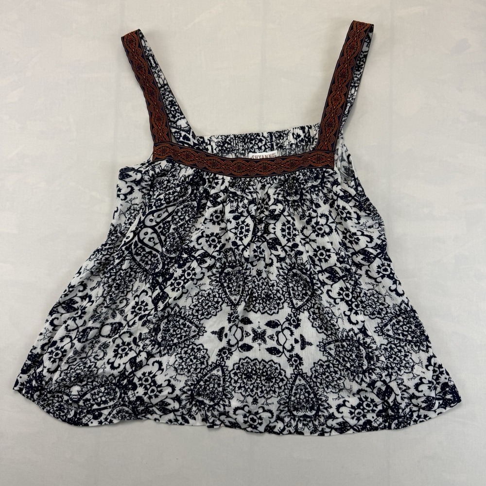 Shyanne Boho Tank Top Womens L Blue White Floral Western Festival
